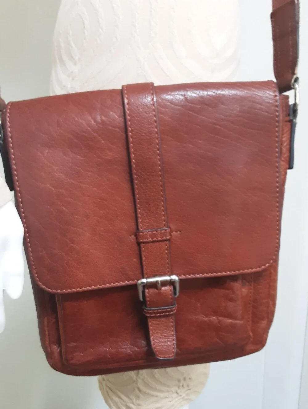UNISEX Unbranded Cognac Grain Leather Messenger Crossbody Bag